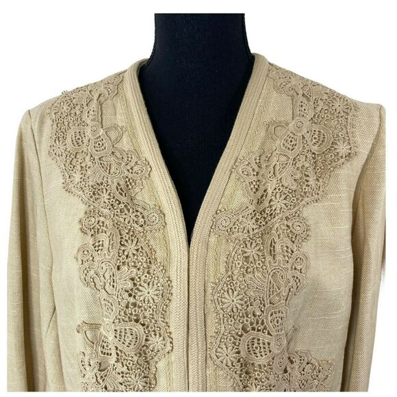 Vintage Coldwater Creek Cream Linen Blend Applique Lace Blazer Med - Picture 3 of 4